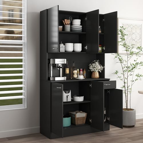 Image of Modern Kitchen Pantry Cabinet, 70.86 inch Tall Freestanding Cupboard with Multi-Tier Storage Rack and Microwave Stand for Kitchen, Living Room,Black