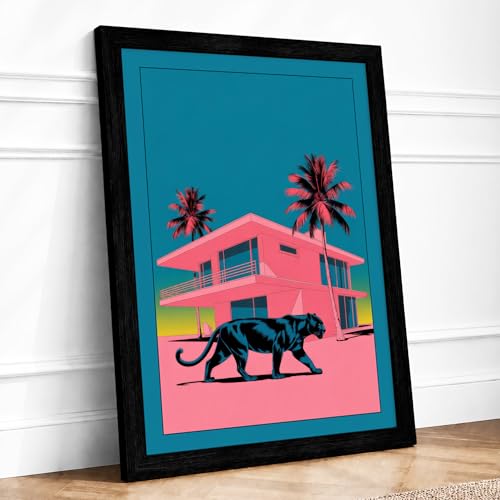 Image of Panther in Paradise Mid-Century Framed Wall Art Print A3 Black Frame