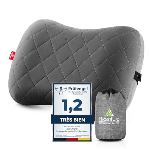 HIKENTURE Oreiller Gonflable Camping et Voyage avec Taie Amovible - Ultraléger, Compact et Confortable - Coussin Gonflable Ergonomique pour Extérieur, Camping, Trekking ou Randonnée - Gris