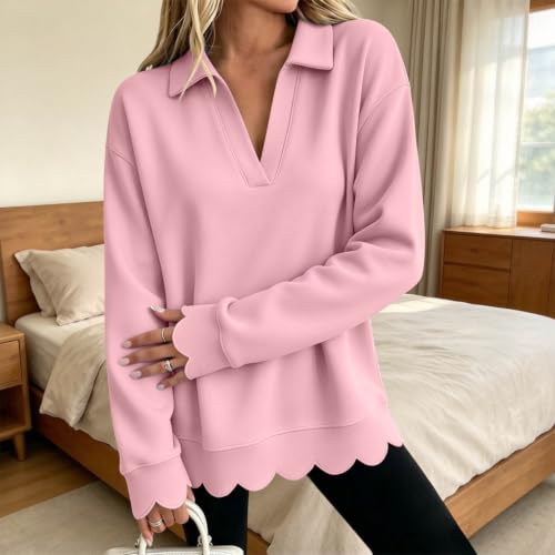 Scalloped Sweatshirt for Women Casual V Neck Pullover Collar Tops | Casual long sleeve top with scalloped cuffs and hem, V neck collar, loose fit, cozy for fall work, travel, daily wear - image 2