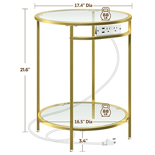 Rolanstar End Table With Charging Station, Round Side Table With Double Glass Shelves & Metal Frame, Small Coffee Accent Table, Modern Nightstand Bedside Table For Living Room, Bedroom, Gold #TOP2