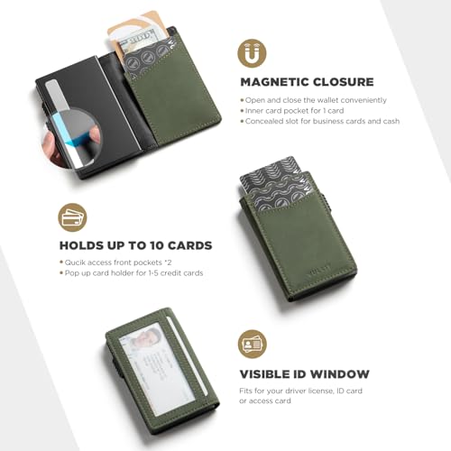 Image of VULKIT Men's Slim Wallets Pop Up Card Holder RFID Blocking Metal Wallet Minimalist Design Holds Up to 11 Cards, G2-Frosted Green (Magnetic Closure), One Size, Minimalist