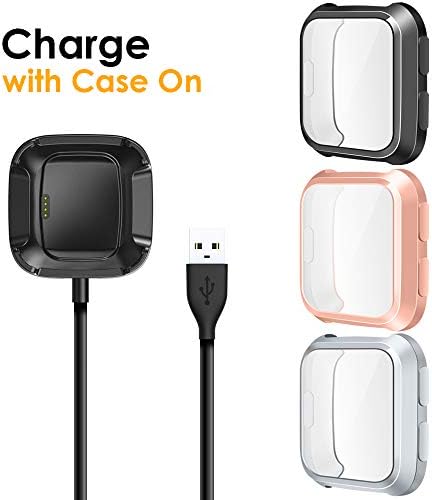 EZCO [3+1 Pack] Screen Protector Plus Charger Compitible with Fitbit Versa, Exclusive Charging Dock Cable (Can Charge Case On) Soft TPU Full Coverage Case Cover Bumper for Versa (Not for Versa 2)