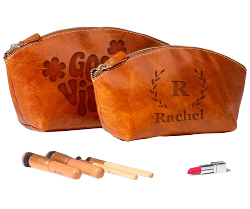 Luxury Personalized Leather Makeup Bags Crafted in USA, Full-Grain Leather Cosmetic Bag Engraved Name Initials or Logo, Birthday Anniversary Christmas Gift or Mother Gift, Italian Zipper, Make-up Purse for Women