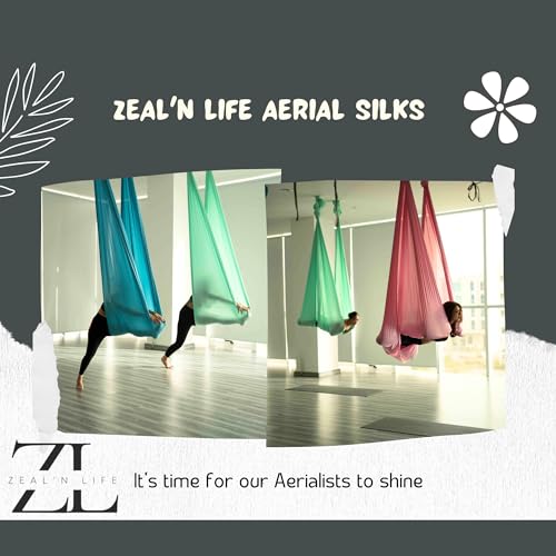 ZEAL'N LIFE Aerial Silks 11 Yards - Durable Aerial Silk with Extension Straps, Carabiners & Guide, Aerial Silks for Home, Ariel Swing, Arial Silks, Silks For Gymnastics, Arial Yoga (Aerial Silks Blue)