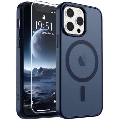 Image of SUPFINE Magnetic for iPhone 13 Pro Case with Screen Protector (Compatible with MagSafe)(Military Grade Drop Protection) Translucent Matte Phone Cover,Dark Blue