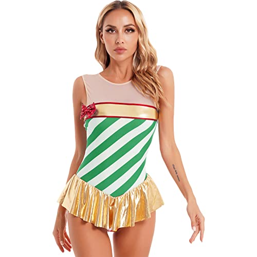 JanJean Women Candy Cane Christmas Costume Sleeveless Ballet Dance Leotard Stage Performance Costume Green Large