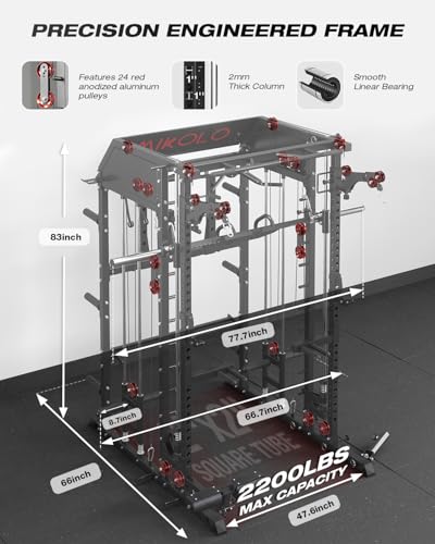 Image of Mikolo Smith Machine, Multi-Function Power Cage with Dual Pulley System, Vertical Leg Press Attachment, Squat Rack Power Rack with More Training Attachment for Home Gym