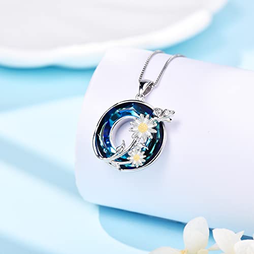 HOTIE 925 Sterling Silver Daisy and Blue Crystal Necklace #TOP29