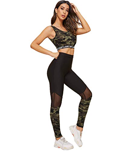 Sweatyrocks Women's 2 Piece Outfit Camo Tank Top With Color Block Leggings Set Multicoloured M #TOP3