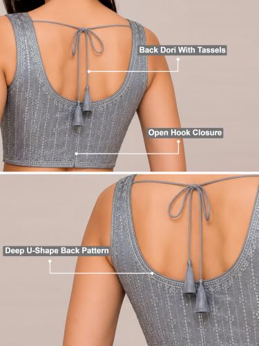 Image of TRENDMALLS Women's Dhupion Silk Embroidery Sequence Work V Neck Sleeveless Blouse Choli Stylish Saree Blouse Ready to Wear