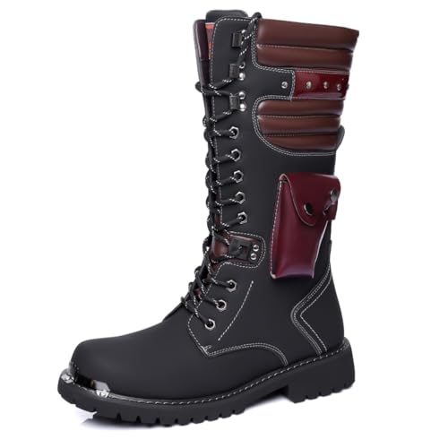 Image of Thrym Men's Plus Size Punk Style High-Top Motorcycle Boots Chain Decor Lace-Up Combat Gothic Footwear (Black1,12)