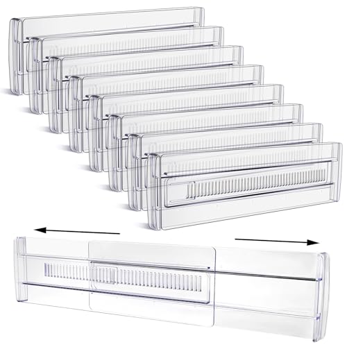 Image of Drawer Dividers, 8 Pack Adjustable Drawer Organizers 3.2" High Expandable from 11.3-20" Clear Expandable Dresser Organizer for Clothes Kitchen Utensils Cutlery Drawer Organizers Set