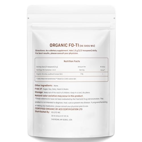 VELOTO Organic He Shou Wu, Pure Fo Ti Extract Powder, 50:1 Natural Anti Aging Herbal Supplement Antioxidant Superfood, Promotes Hair Health & Immune Support, Vegan, FIllers Free, No GMOs, 6oz - Thumbnail 2