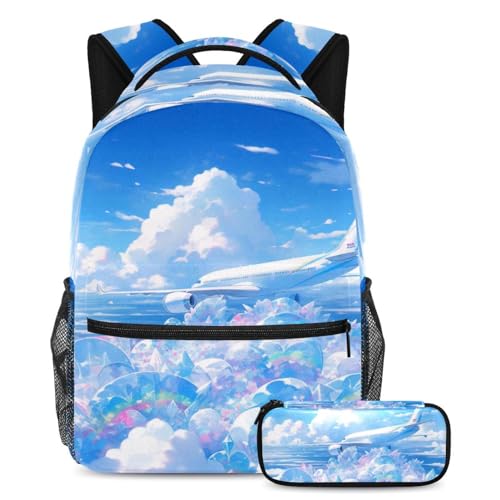 Sac à dos avion bleu 40cm avec trousse assortie pour écoliers et collégiens