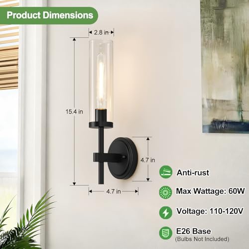 Image of MOKATNG Hardwired Wall Sconces, Matte Black Bathroom Sconces with Clear Glass, Modern Wall Light Fixtures for Bathroom Mirror Vanity, Living Room, Bedroom, Hallway, Stairway, Cabinet, Foyer