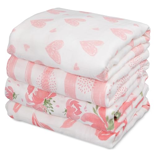 GLLQUEN BABY Muslin Swaddle Blankets 4-Pack Breathable Receiving Blankets (35' x 40') Soft Baby Blankets for Girls and Boys Newborn Essentials Muslin Burp Cloths Swaddle Wrap Baby Gift (Flower)
