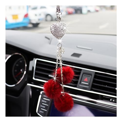Ziciner Bling Diamond Heart Car Interior Accessories, Car Mirror Hanging Ornament for Women, Love Heart & Pink Plush Ball Decor Ornament Pendant (Wine Red)