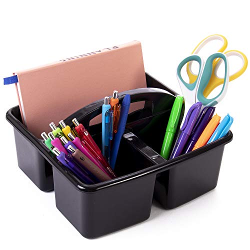 6 Black Storage Caddies - Bulk Stackable Plastic Bins with 3 Compartments & Carrying Handle for Restaurant, Business, Bar, Food Truck, Houskeeping - Utility Tote for Cleaning Supplies & Spray Bottles - Thumbnail 4