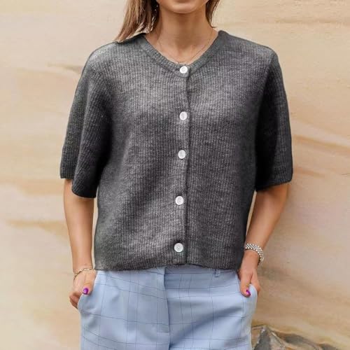 Image of Sumleno Womens Ribbed Knit Cardigan Y2k Crop Top Short Sleeve Button Down Open Front Sweater Loose Casual Cardigan