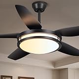 Ohniyou 48'' Fandelier Ceiling Fan with Light - Modern Black Ceiling Light Fixture with Fan and Remote, 3 Colors LED Ceiling Fans for Outdoor Patio Kitchen