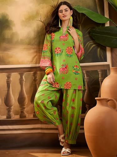 Image of EthnicJunction Women's Linen Floral Print Summer Wear Straight Short Kurti with Afghani Pant Set | Co Ord Set for Women Stylish | Fusion wear Women