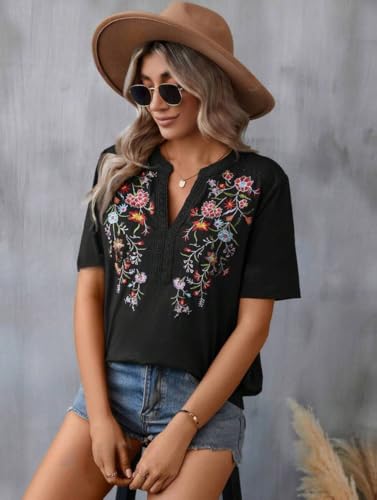 Mexican Shirts for Women Embroidered Tops Traditional Summer Blouse Floral Tunic V Neck Short Sleeve T Shirt3