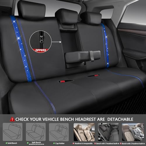 Image of CAR PASS Bling Diamond Car Seat Covers Full Set, Shining Rhinestone Waterproof Faux Leather, Rear with Zipper, Universal Fit Automotive Glitter Crystal Sparkle Strips for Cute Women Girl, Blue