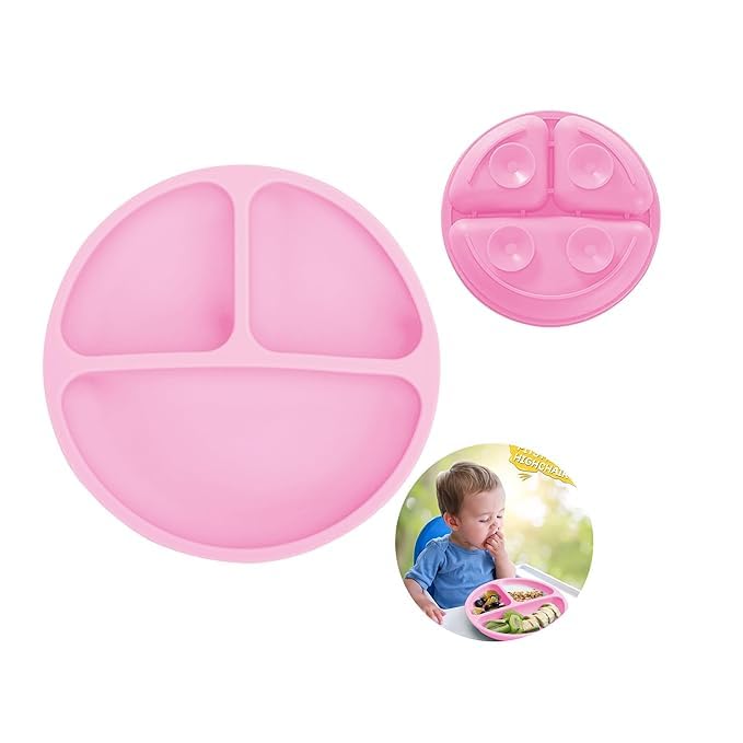 Image of BabyGo Silicone Suction Plates for Baby Microwave,Dishwasher, Freezer Safe Unbreakable with 4 Suction Cup Feeding Plate for Baby & Toddlers, BPA Free (Pink)