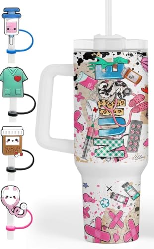 Fancyfams Nurse Gifts for Women, 40oz Stainless Steel Travel Tumbler with Handle, Lid, Nurses,