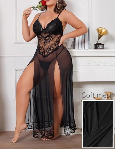 Plus Size Lingerie For Women Babydoll Sexy Mesh Maxi Nightdress Exotic Sleepwear Side Slits4
