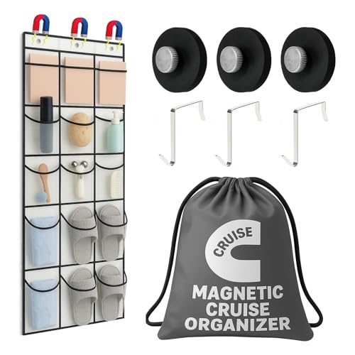 HYTWEDO Cruise Magnetic Door Organizer with Hooks, 15 Large Pockets, Strong Anti-Scratch Magnets, Over-the-Door Hanging Storage for Cruise Cabin Essentials, Space Saving Cruise Door Organizer