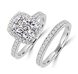 Diamonbella Supreme 101 Facets 2 Carat Rectangular Cushion Cut NSCD Simulated Diamond Ring Band Set Solid 925 Silver Halo Design (6)