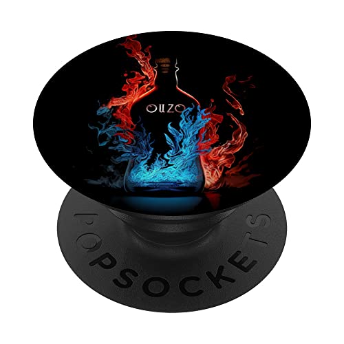 Ouzo Bottle Flames Blue Red Fire Greek Liquor PopSockets Swappable PopGrip, Black