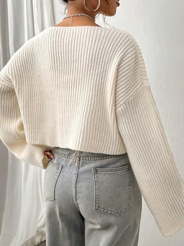 Floerns Women's Long Sleeve Cropped Fall Pullover V Neck Drop Shoulder Rib Knit Sweaters Top2