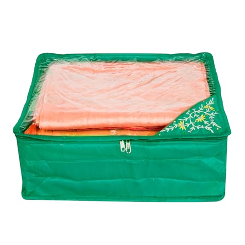 Image of Kuber Industries Saree Cover with Zip Closure | Clothes Storage Bag for Wardrobe Organiser | Transparent Top Saree Cover | Side Embroidery-Design | 9 inch | Pack of 2 | Green