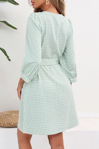 Image of Ladyful Gingham Shirt Dress for Women Summer Crewneck 3 /4 Sleeve Button Down Dress Tie Waist Plaid Short Dresses
