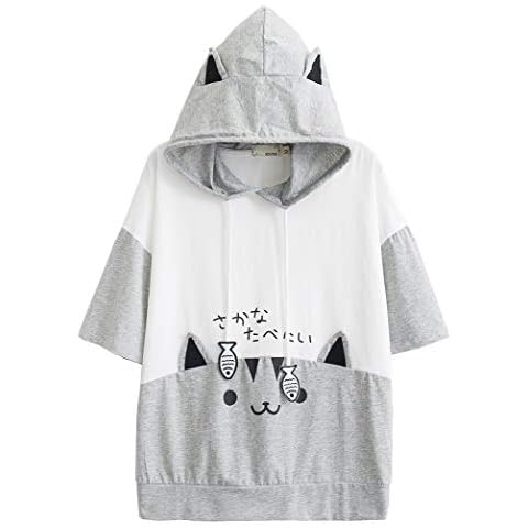 YunPeng Women Girl Hoodie T-Shirt Japanese Cartoon Cat Harajuku Short Sleeve Tops Tees Grey Cover