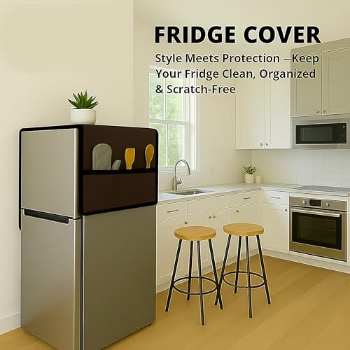 Image of Refrigerator Single Door Waterproof, Dustproof, Refrigerator Top Cover, Protective Cover for Fridges with Extra Storage Space Nylon Top cover with 6 Storage Pockets ( Coffee, 130 x 54 cm )