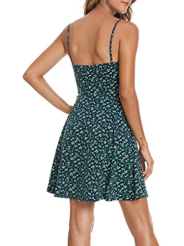 Missufe Spaghetti Strap Floral Mini Dress Women's Casual Ruched Front Drawstring Swing Sundress (Navy Blue, X-Small) #TOP1
