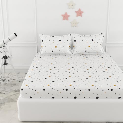 Image of LORETO - A QUALITY LINEN BRAND 210 TC 100% Pure Cotton Double /Queen Fitted Bedsheet with 2 Pillow Covers for 78 x 60 Inch Mattress, All-Around Elastic, 8 Inch Deep Pocket, Black & Gold Stars