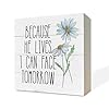 Inspirational Wood Sign Wooden Box Sign Desk Decor White Wood Box Sign Rustic Decor Farmhouse Decor for Shelf Positive Home Decor Living Room Decor Because He Lives I Can Face Tomorrow