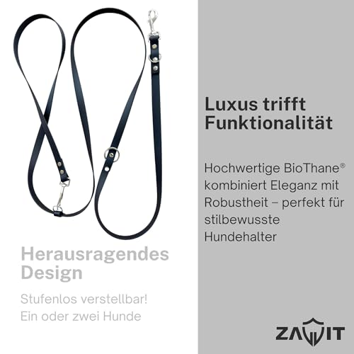 ZAVVIT BioThane Hundeleine, Umhängeleine 3m - 19mm breit | Verstellbar 1,5–3m | für mittelgroße & große Hunde | wasserfest, robust & pflegeleicht | Joggingleine mit 2 Karabinern (schwarz)