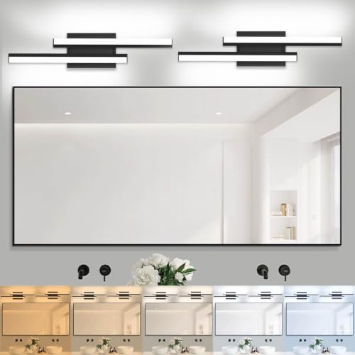 Image of Bathroom Light Fixture Over Mirror Retractable Vanity Light Bar | 5CCT 24 Inch Modern LED Dimmable Black Bathroom Lamp IP44 25W 2200LM - Wall Light Fixture ETL Certified (2 Pack)