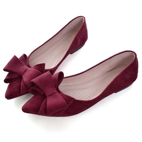 Hee grand Bow-Knot Ballet Flats Classic Pointed Toe Suede Dress Shoes Casual Comfort Slip-On Loafers Light Weight Walking Flats
