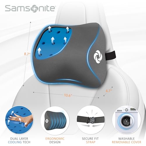 Image of Samsonite Ergonomic Neck Pillow - Large Car Neck Pillow for Driving, Gel Memory Foam Cushion for Travel, Cooling Car Support Headrest for Road Trips, Fits Cars, SUV's, Trucks, and Desk Chairs, Grey