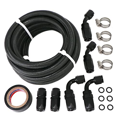 Tektall 6An Universal Fuel Line Hose Fitting Kit 3/8" Nylon Stainless Steel Braided 10Ft With 6 Pcs Hose Fitting Kit (Black 6An) #TOP15