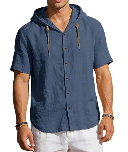 PADOLA Chemise Lin Homme Manches Courtes été Chemises à Capuche Boutonnée Chemisette de Plage Décontractée Regular Fit Surchemise Respirant Légère...