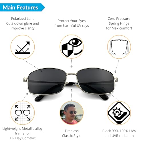 J+S Kaha Business Time Large Rectangle Polarized Sunglasses for Men | Metal Spring Hinge | Polarized 100% UV 400 | Large Fit2