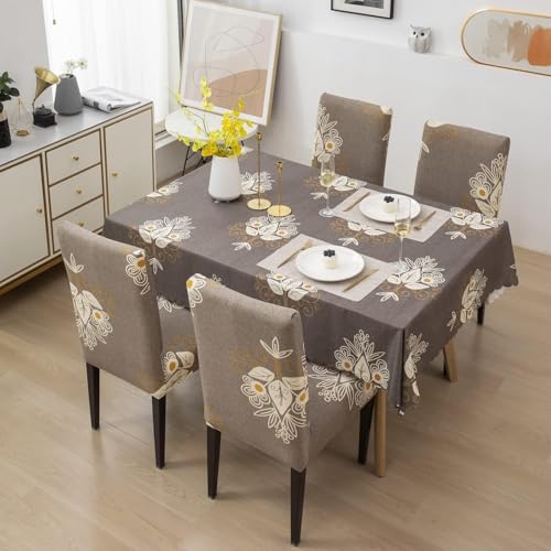 Image of Styleys Dining Chair Cover with Table Covers for Kitchen Waterproof Dining Table Cloth (1 Table Cover + 4 Chair Cover, Beige Brocade, CTSD3127)